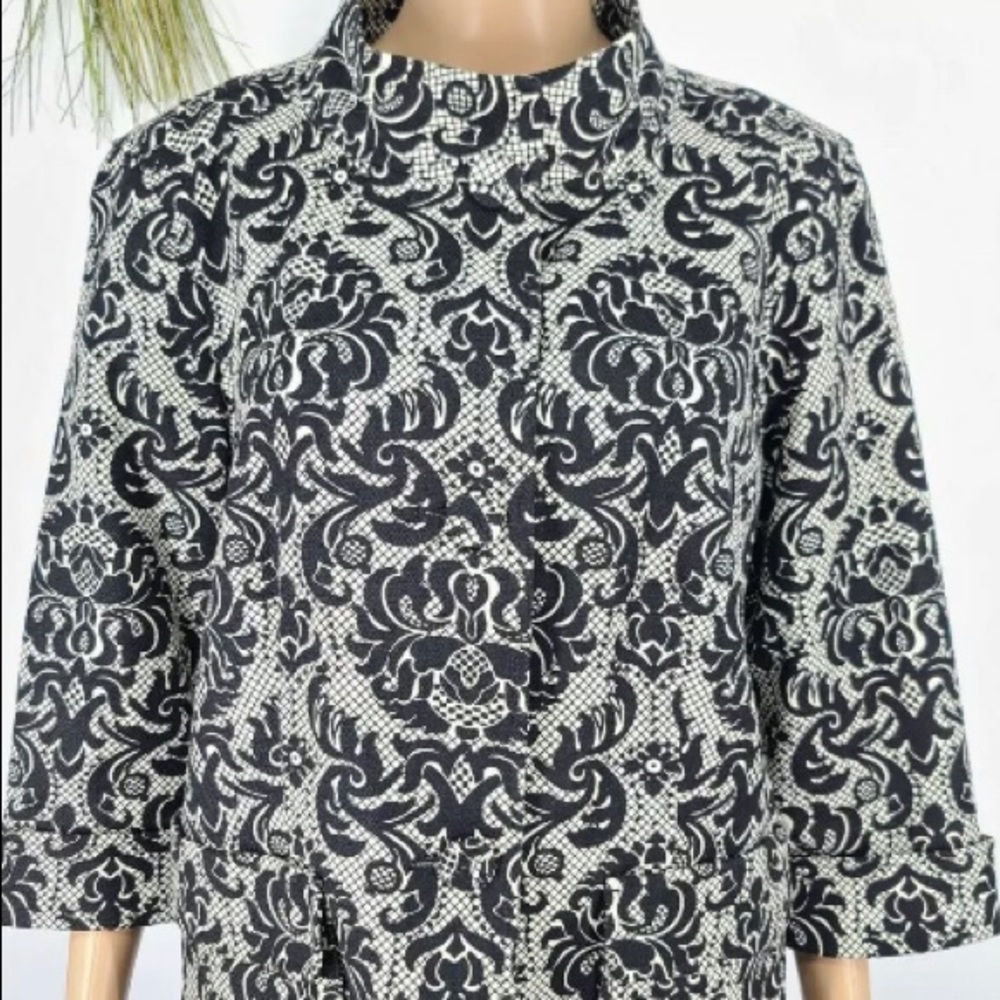 Talbots Woman Blazer Black White Floral Mandarin Collar Size 12 Lined Checked